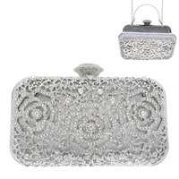 45" STRAP GEMSTONE CLOSURE CRYSTAL RHINESTONE ROSE CUTOUT EVENING BOX CLUTCH WITH METAL CHAIN STRAP