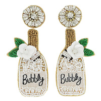 CELEBRATION BUBBLY CHAMPAGNE BOTTLE WITH GEMSTONE AND SEQUIN FLOWERS BEAD EMBROIDERY DANGLE EARRINGS