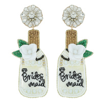 WEDDING BRIDESMAID CELEBRATION CHAMPAGNE BOTTLE WITH GEMSTONE AND SEQUIN FLOWERS BEAD EMBROIDERY DANGLE EARRINGS