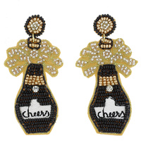 JEWELED CHEERS CHAMPAGNE SEED BEAD HANDMADE BEADED EMBROIDERY DANGLE AND DROP NOVELTY EARRINGS
