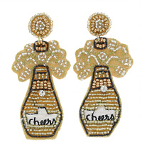 JEWELED CHEERS CHAMPAGNE SEED BEAD HANDMADE BEADED EMBROIDERY DANGLE AND DROP NOVELTY EARRINGS