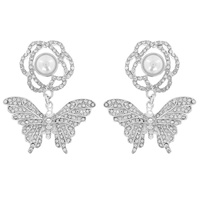 2-TIER PEARL FLORAL POST CRYSTAL RHINESTONE PAVE BUTTERFLY DANGLE AND DROP EARRINGS