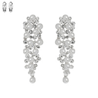 RHINESTONE & SYNTHETIC PEARL CLUSTER LONG DROP CLIP ON EARRINGS