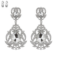 Dangly Teardrop Gems with Stone Encrusted Filligree Metal Clip Earrings