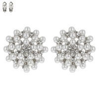CRYSTAL RHINESTONE AND SYNTHETIC PEARL FLORAL CLUSTER CLIP ON EARRINGS