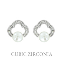 PEARL AND CZ CUBIC ZIRCONIA CLOVER STUD EARRINGS