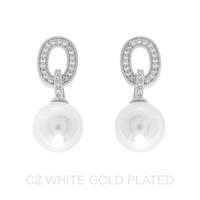 GOLD PLATED CZ CHAIN PEARL DROP EARRINGS