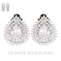 GOLD PLATED CZ TEARDROP HALO CLIP-ON STUD EARRINGS