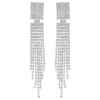 2-TIER RECTANGULAR POST CRYSTAL RHINESTONE LONG DROP TASSEL EARRINGS