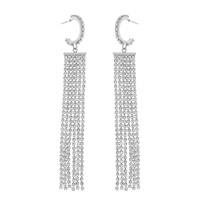 CRYSTAL RHINESTONE OPEN HOOP POST TASSEL LONG DROP EARRINGS