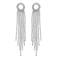 CRYSTAL RHINESTONE OPEN CIRCLE LONG DROP TASSEL EARRINGS