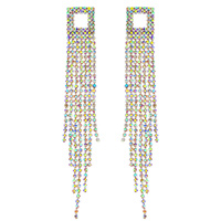 CRYSTAL RHINESTONE OPEN SQUARE LONG DROP TASSEL EARRINGS