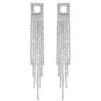 CRYSTAL RHINESTONE OPEN SQUARE LONG DROP TASSEL EARRINGS