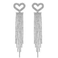 2-TIER CRYSTAL RHINESTONE OPEN HEART LONG DROP TASSEL EARRINGS