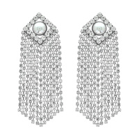 DRESSY ELEGANT OCCASION PEARL AND CRYSTAL RHINESTONE DANGLE FRINGE EARRINGS