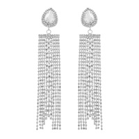 TEARDROP GEM RHINESTONE TASSEL LONG DROP EARRINGS