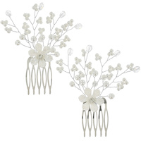 2-PIECE SET CRYSTAL AND PEARL  FLORAL SIDE COMBS