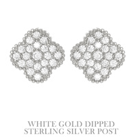 CUBIC ZIRCONIA .925 STERLING SILVER POST GOLD PLATED QUATREFOIL SHAPED STUD EARRINGS IN YELLOW GOLD AND WHITE PLATTING
