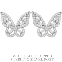 CUBIC ZIRCONIA .925 STERLING SILVER POST GOLD PLATED BUTTERFLY SHAPED STUD EARRINGS IN YELLOW GOLD AND WHITE GOLD PLATTING