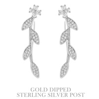 GOLD DIPPED CUBIC ZIRCONIA LINEAR LEAF STERLING SILVER POST CRAWLER EARRINGS
