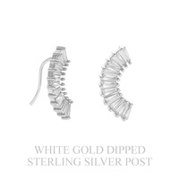 .925 STERLING SILVER POST CURVED ARCH CUBIC ZIRCONIA BAGUETTE GOLD DIPPED CRAWLER EARRINGS