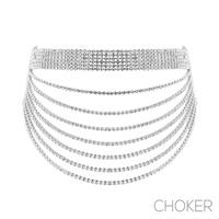 CRYSTAL RHINESTONE 13 LINE DRAPER CHOKER NECKLACE