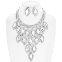 CRYSTAL RHINESTONE PAVE GEM CLUSTER BIB NECKLACE EARRING SET