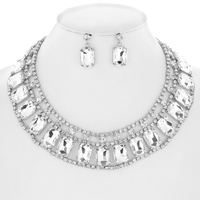 ADJUSTABLE RECTANGULAR CRYSTAL STONE STATEMENT NECKLACE AND 2-TIER EARRING SET