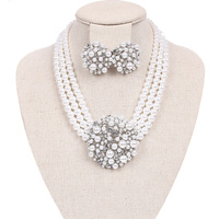 PEARL CRYSTAL MIX BRIDAL BROOCH MULTI STRAND ADJUSTABLE PRINCESS NECKLACE EARRING SET