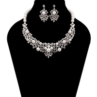 PEARL CRYSTAL MIX BRIDAL ADJUSTABLE PRINCESS V-SHAPED BIB NECKLACE EARRING SET