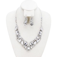 V Shape Stone Cluster Necklace and Earrings Set