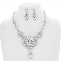 BRIDAL FLORAL CRYSTAL RHINESTONE SUSPENDED TEARDROP FILIGREE NECKLACE EARRING SET