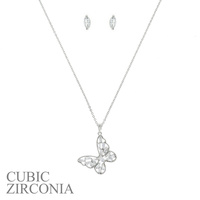 CUBIC ZIRCONIA BUTTERFLY PENDANT NECKLACE AND EARRINGS SET