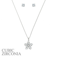 CUBIC ZIRCONIA FLOWER PENDANT NECKLACE AND EARRINGS SET