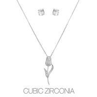 CUBIC ZIRCONIA FLOWER ROSE TULIP PENDANT NECKLACE AND EARRINGS SET