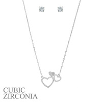 CUBIC ZIRCONIA TRIPLE HEART PENDANT NECKLACE AND EARRINGS SET