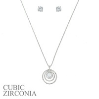 CUBIC ZIRCONIA DOUBLE CIRCLE PENDANT NECKLACE AND EARRINGS SET