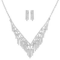 CRYSTAL RHINESTONE V-SHAPED TASSEL NECKLACE SET