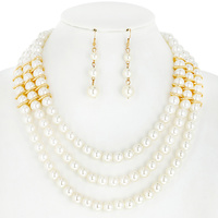 TRIPLE STRAND PEARL STATEMENT NECKLACE AND EARRINGS SET