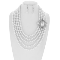 Multi Layered Pearl Strands With Victorian Ornament Necklace And Earrings Set Npy045Wh