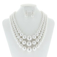 Multi Layered Pearl Strands Chunky Necklace And Earrings Set Npy065Rwh
