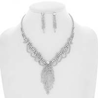 VINTAGE GLAM CRYSTAL RHINESTONE SCALLOPED FRINGE NECKLACE EARRING SET