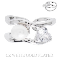 GOLD PLATED CZ HEART AND PEARL IRREGULAR CUFF RING