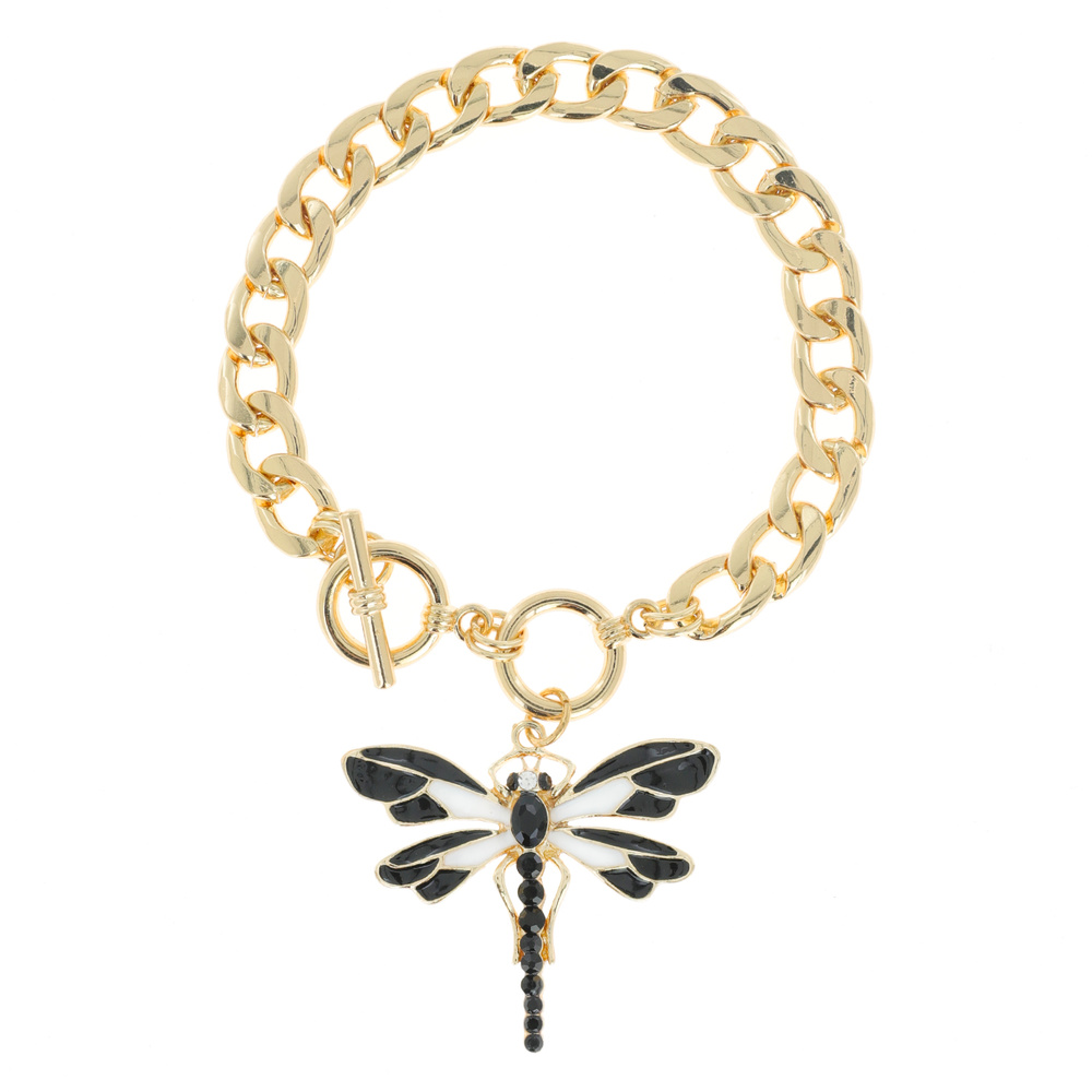 B7019 GDBLK RHINESTONE PAVE ENAMEL DRAGONFLY CHARM CUBAN LINK TOGGLE