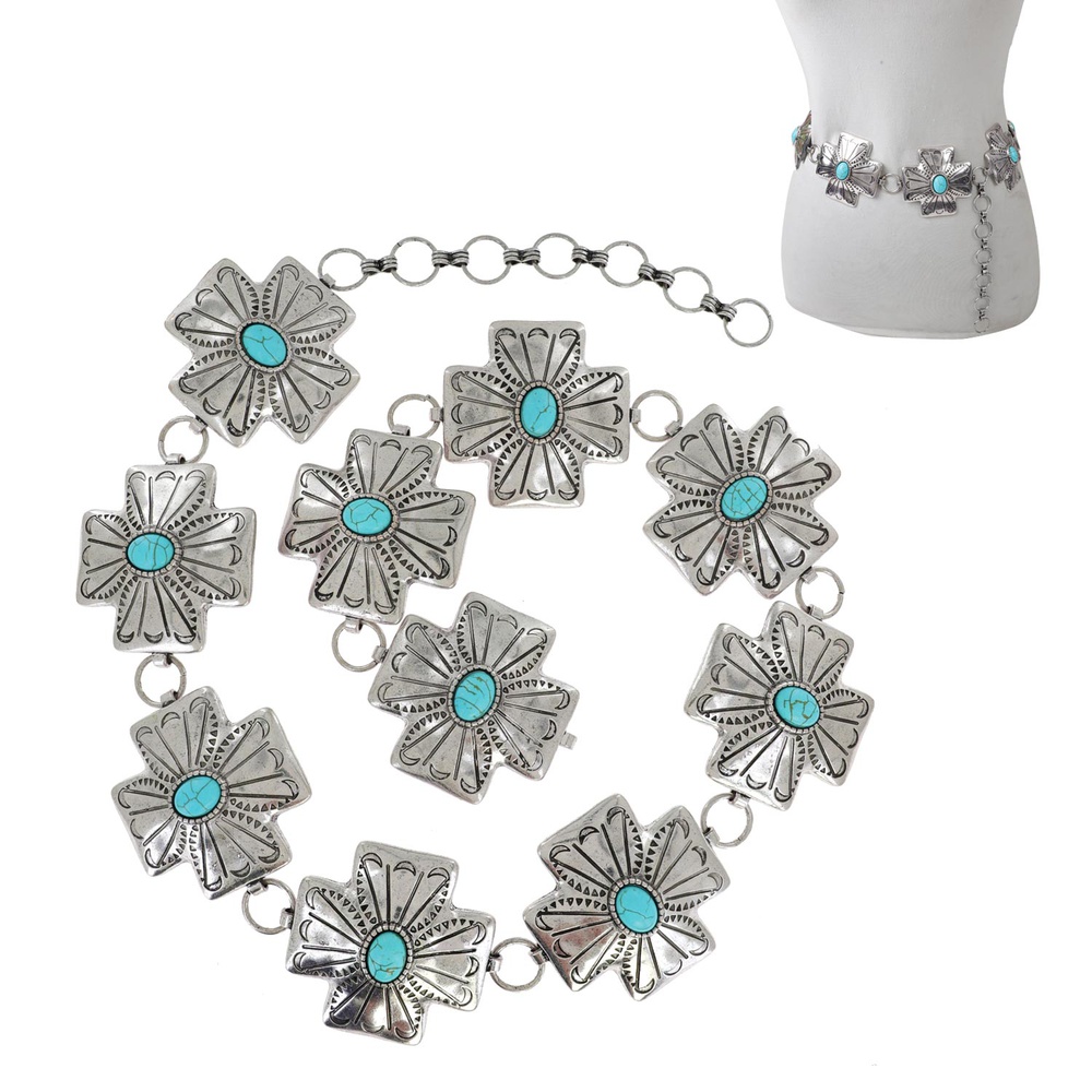 BT11620 SBTQSM CROSS CONCHO WESTERN TURQUOISE SEMI STONE CONCHO CHAIN