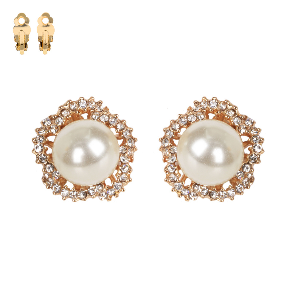 ECQ89 RWH RHINESTONE AND PEARL CLIP EARRING - Clip Ons