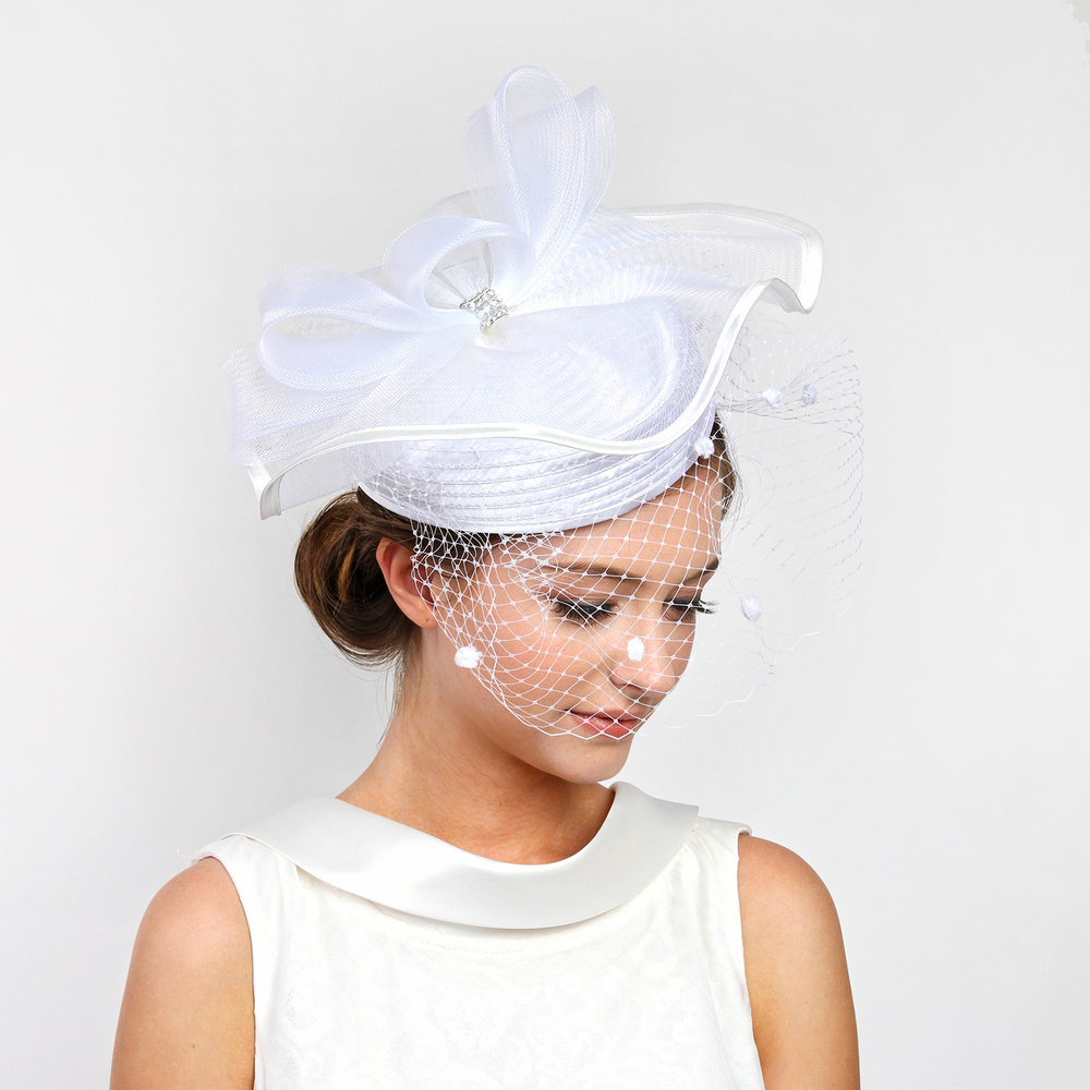 HTB1296 WH SATIN BRAID PILL BOX HAT W/ MESH BOW & NETTING Dressy Braid