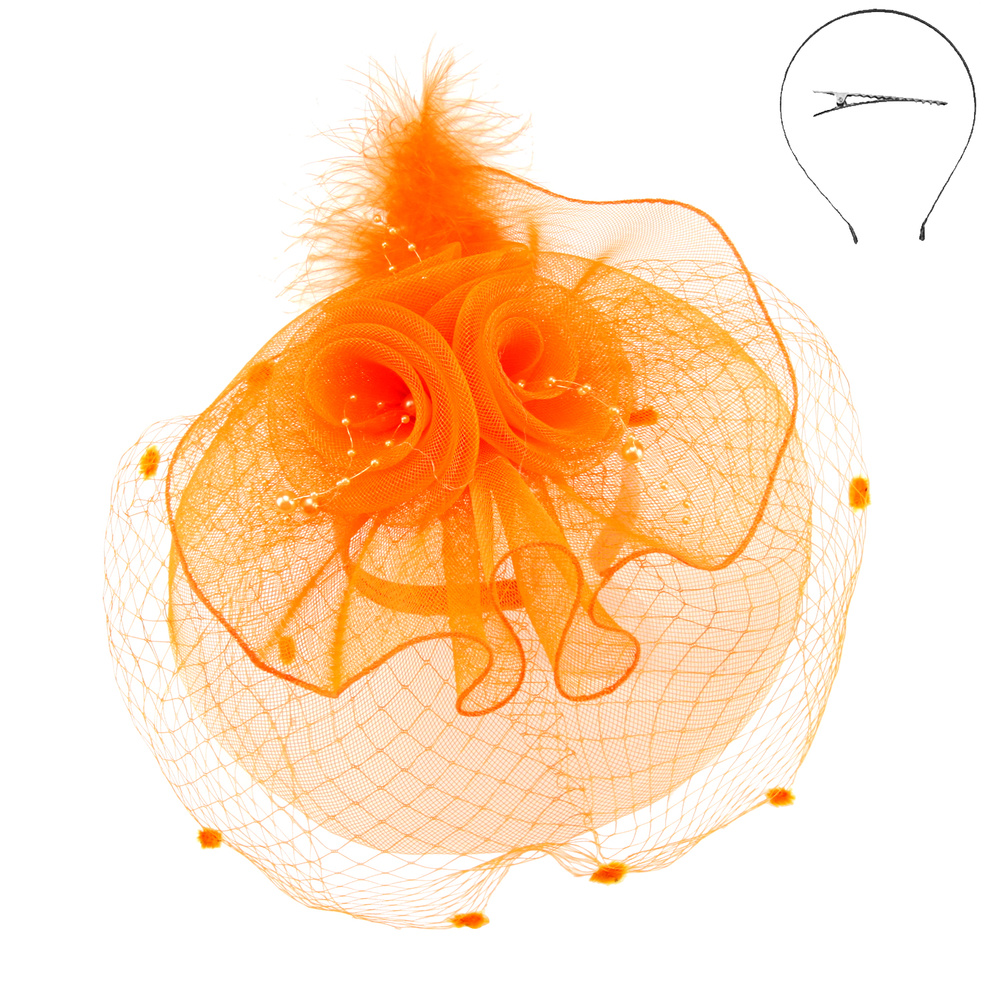 HTH2218 OR 3 FLWR MESH VEIL FEATHER FASCINATOR Dressy Fascinators
