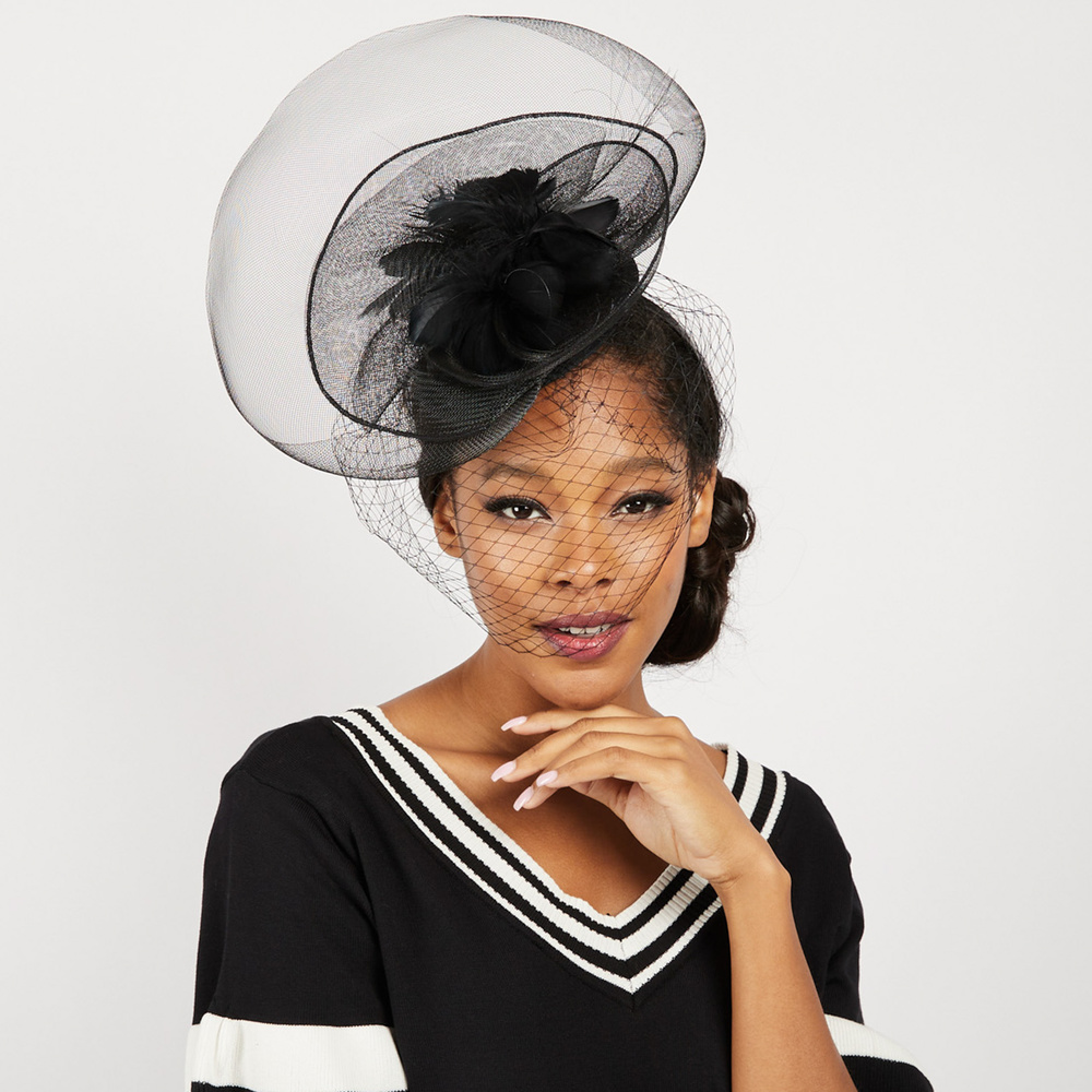HTH2267 BK DOUBLE TILT VEIL MESH FASCINATOR *Funeral*