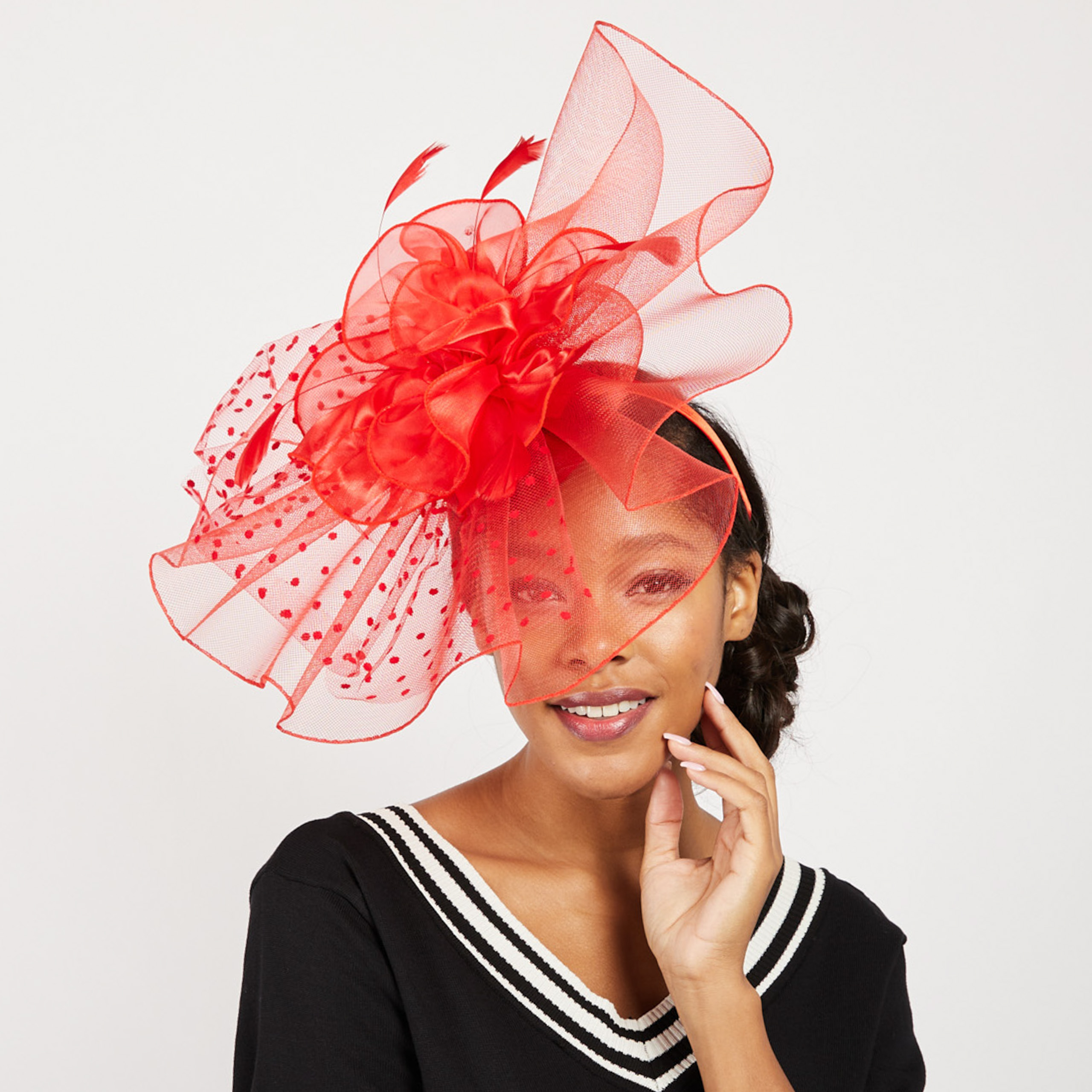 HTH2355 RD 8LRG POLKA DOT VEIL MESH FASCINATOR Dressy Fascinators